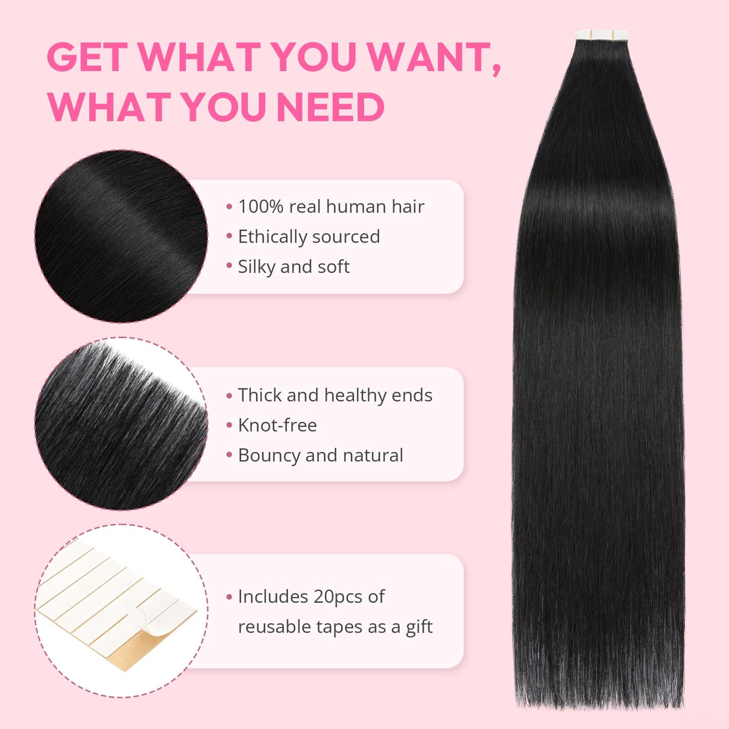 Charites Jet Black Tape in Hair Extensions Human Hair 20pcs 40g - Double Stitched Adhesive Real Human Hair Extensions - Invisible Tape ins Human Hair Extensions - 14 Inches 01#
