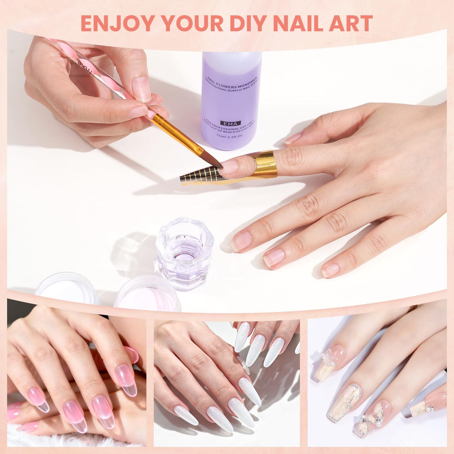 Nail Kit for Beginners with Everything: Practice Hand Acrylic Nail Set Professional Powder Drill Liquid Starter Kits with U V Lamp in Cosmetic Gift Bag for Women Salon Home (Sliver)