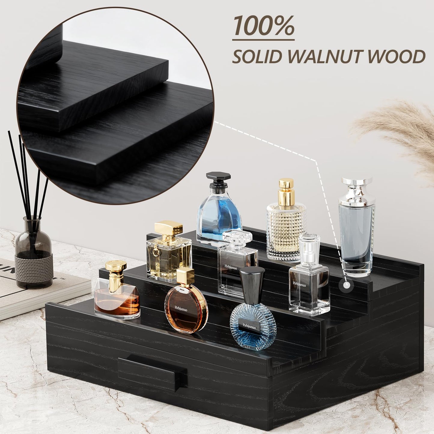 Hrbjunuo Solid Walnut Cologne Organizer for Men,3 Tier Cologne Stand,Wooden Cologne Holder Display Shelf with Drawer Storage and Hidden Compartment,Black Perfume Stand Organizer,Gifts for Men Husband