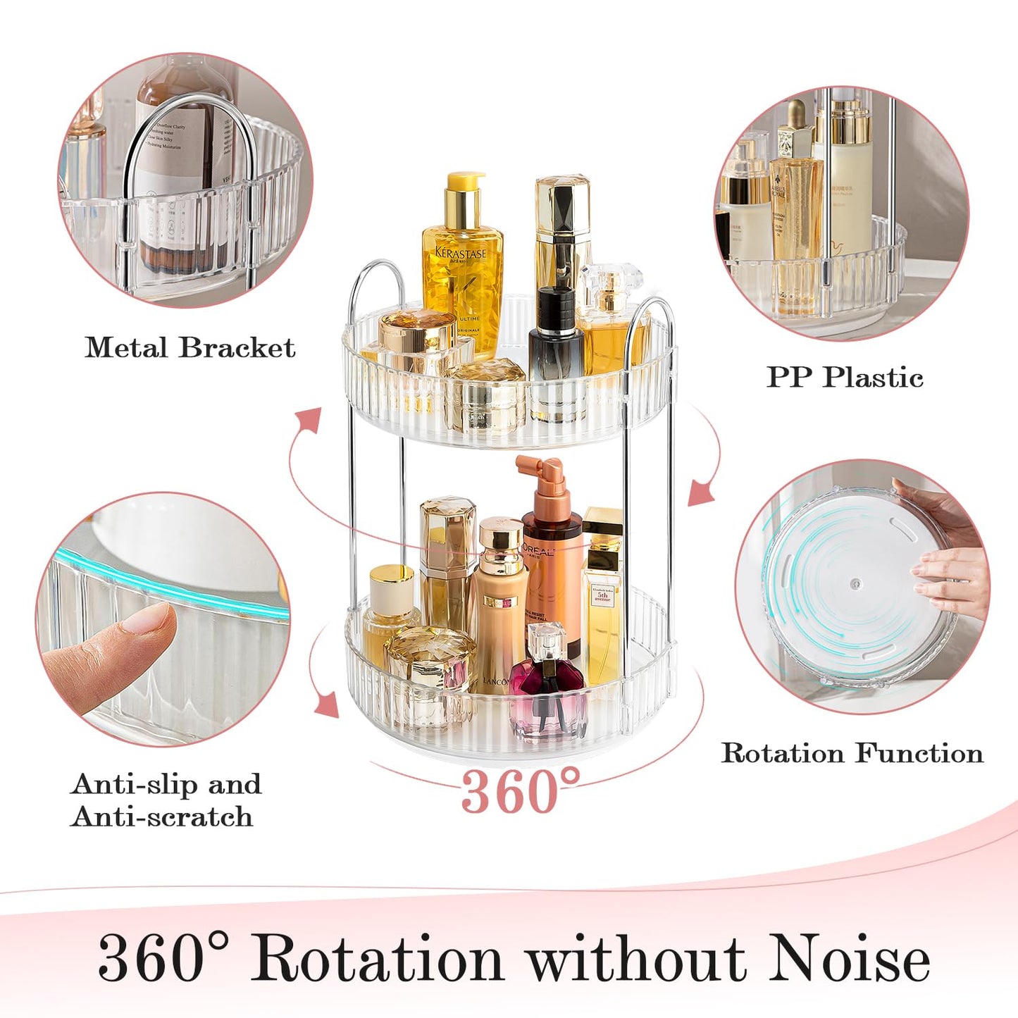 ALUYUYO 360° Rotating Makeup Organizer for Vanity, Spinning Cosmetics Organizer Holder Rack, Large Capacity Bathroom Organizer Countertop, Fits Perfume, SkinCare, Makeup Brushes 3 Tiers, Transparent