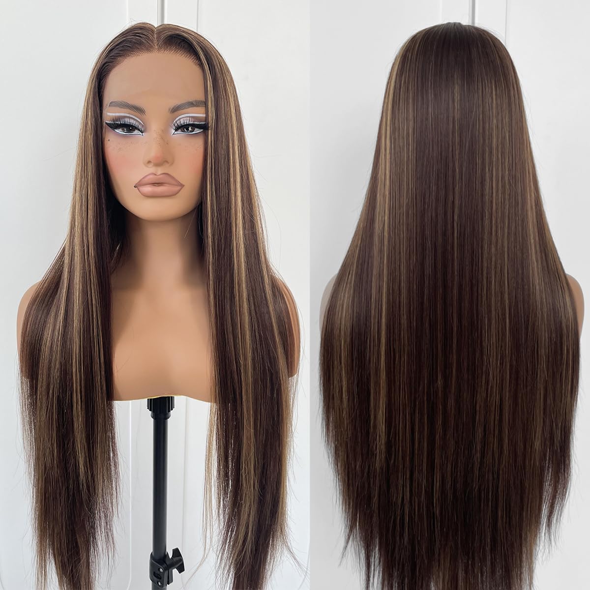 MITIMES 4/27 Highlight Ombre Lace Front Wig Pre Plucked 180 Density Honey Blonde Long Straight Lace Front Wigs Synthetic Glueless Straight Highlight Lace Front Wig 32inch