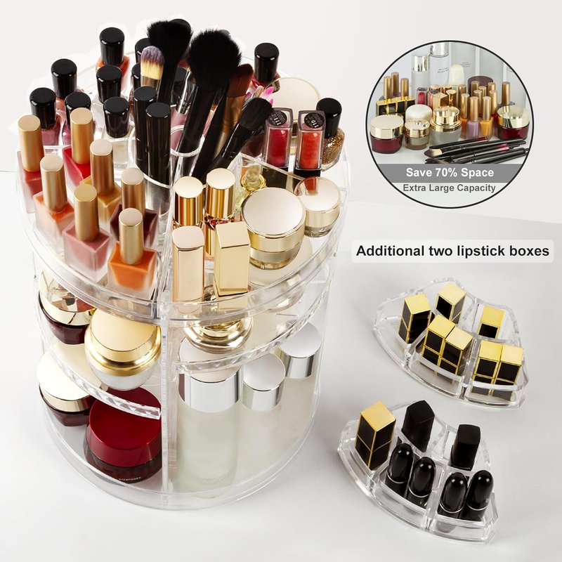 Makeup Organizer - 360° Rotating Adjustable Cosmetic Storage Display Case | 8 Layers, Large Capacity, Clear