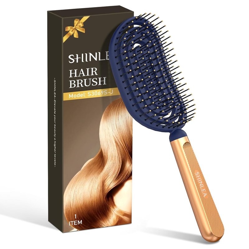 Speed Dry Detangler Brush - Spiral Vented Design for Wet Hair | Metal-Infused Gold Handle, Curved with Soft Bristles