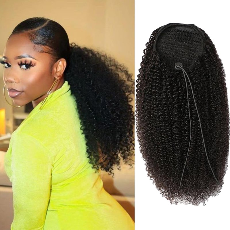 SAKALAKA Ponytail Extension Drawstring Human Hair Clip in Pony Tail Hair Extensions for Black Women Curly Wave Thick Hair Natural Looking Hair Pieces Kinky Curly Human Hair Ponytail（16Inch）