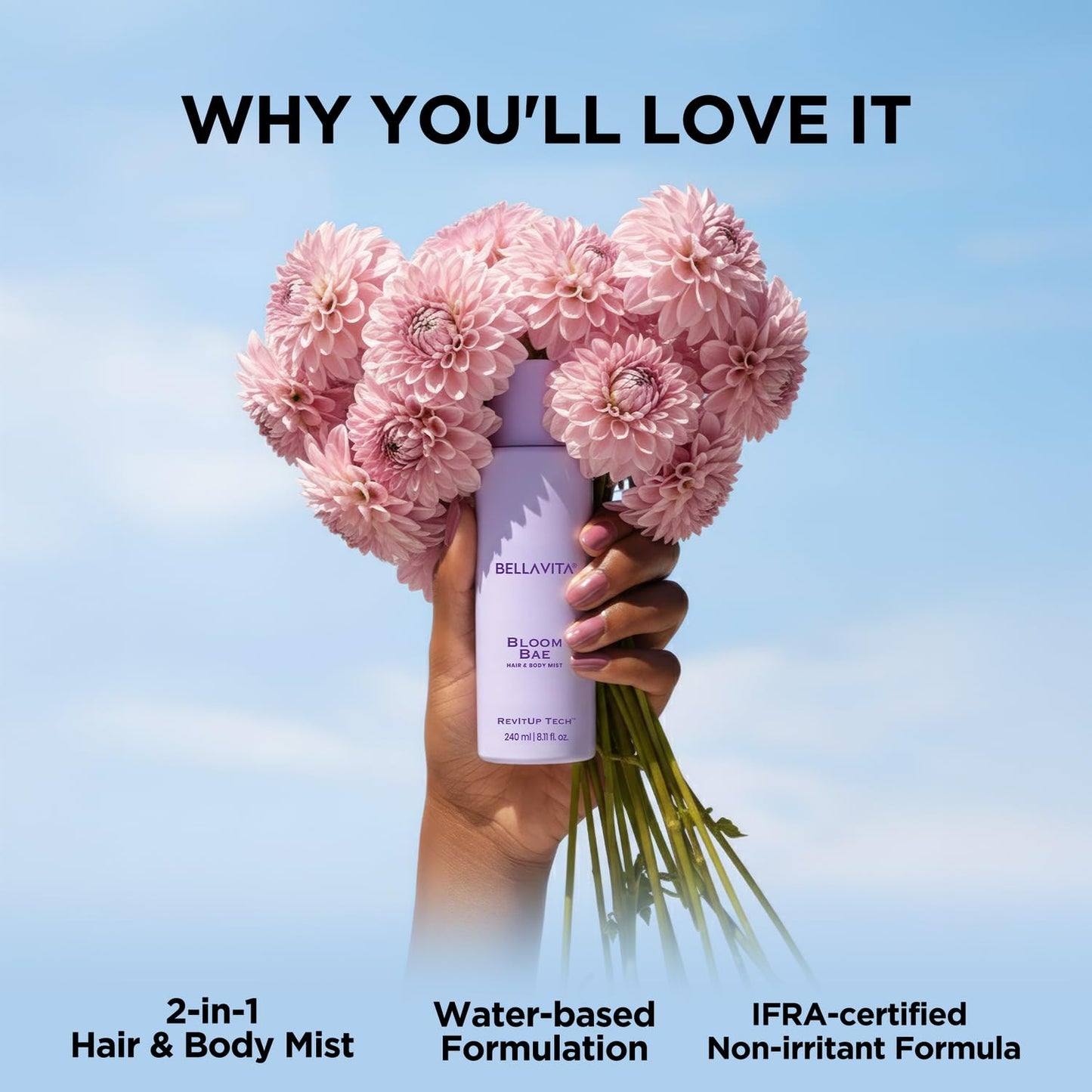 Bellavita Luxury Bloom Bae Hair & Body Mist for Women | Sweet Floral Body Spray | Long-Lasting Hair and Body Mist | Hydrating, Alcohol-Free Perfume Mist | 8.12 fl.oz | 240 ml