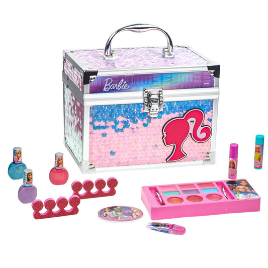 Barbie Makeup Set for Kids Girsl with Train Case, Includes Nail Polish, Lip Gloss and more, Kids Makeup Kit for Girls, Play Makeup, Party Favor, Birthday, For Kids Ages 3+, by Townley Girl