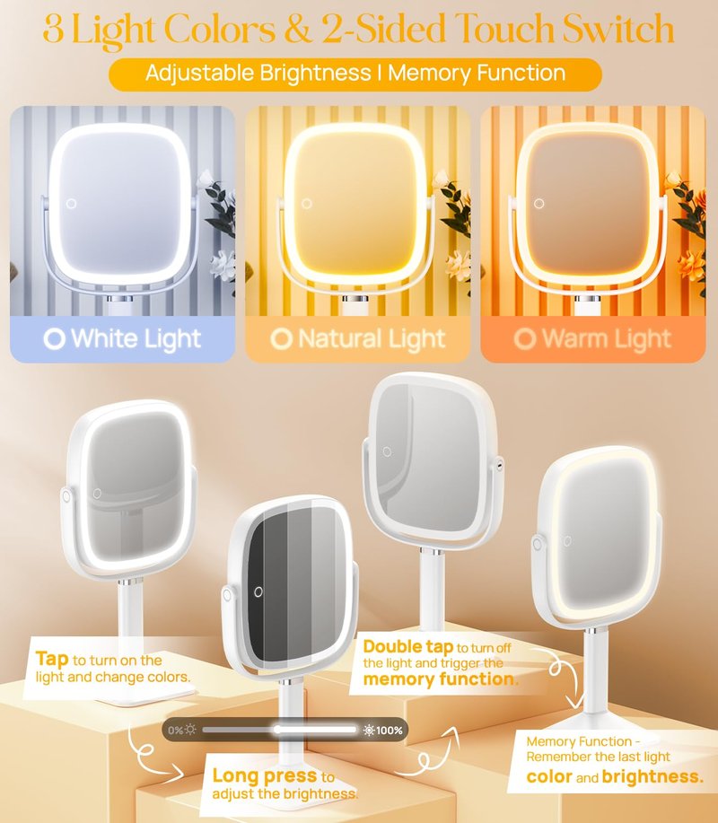 Lighted Makeup Mirror with 10X Magnification - Adjustable Height, 3 Color Modes, 4000mAh Battery | Large Surface for Bedroom or Bathroom - White