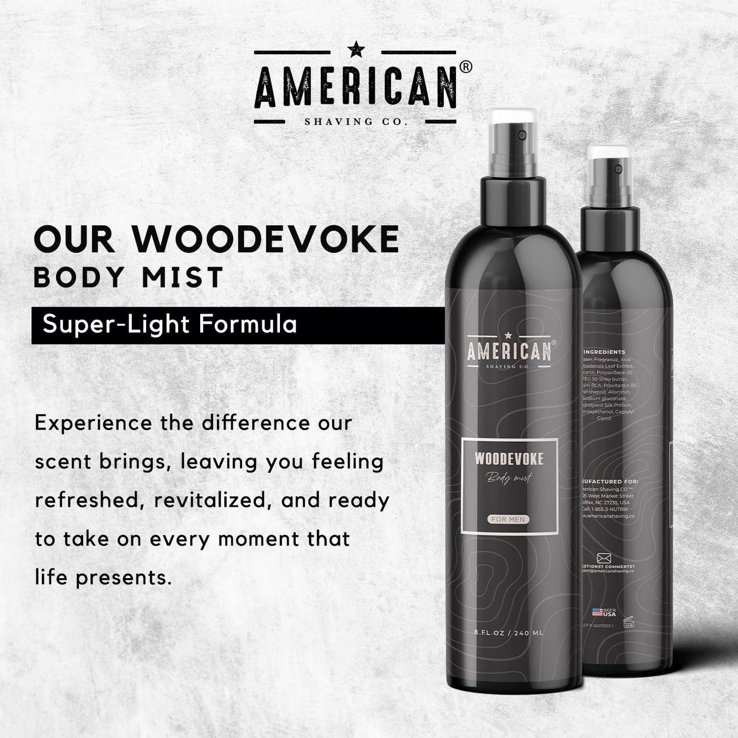 American Shaving Co. Woodevoke Body Mist For Men 8 oz, Made in USA, Quick Absorption, Quality Potent Ingredients, Long-Lasting, Non-GMO, GMP Certified, Cruelty-Free Products