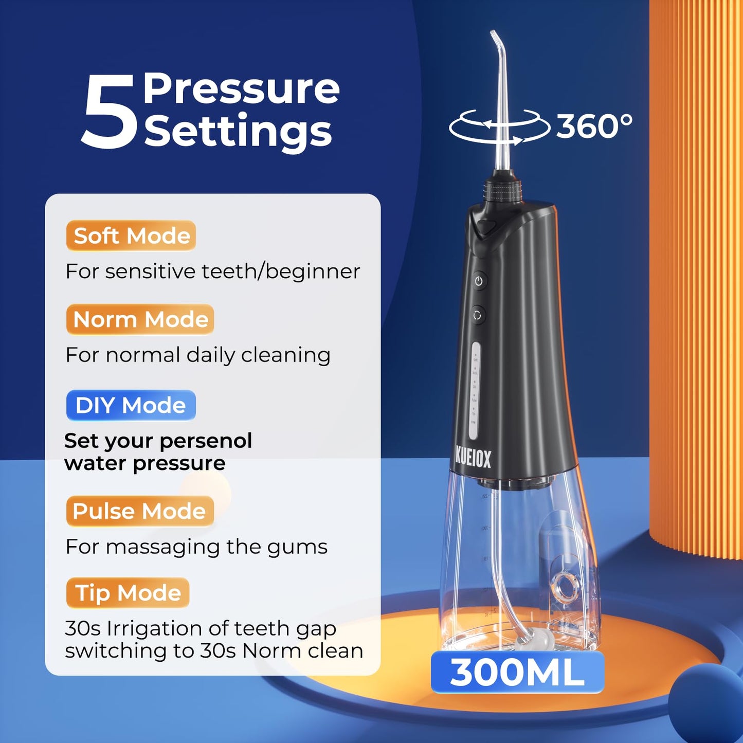 KUEIOX Electric Toothbrush with Water Cordless Flosser, 320ML Portable Travel Water Dental Flosser for Teeth with 5 Modes & 6 Jet Tips & IPX7 Waterproof for Teeth Cleaning and flossing (Black)