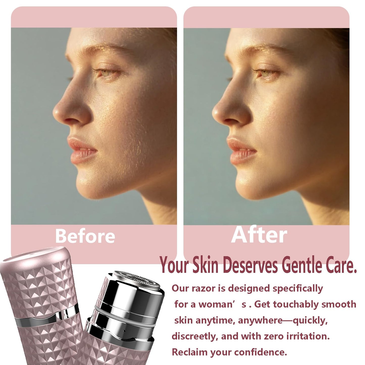 Painless Facial Hair Removal for Women, Electric Face Shaver, Portable Peach Fuzz Trimmer for Lip, Chin & Cheeks, USB-C Rechargeable 90 Mins Cordless Shaver, Gentle for Sensitive Skin (Rose Gold)