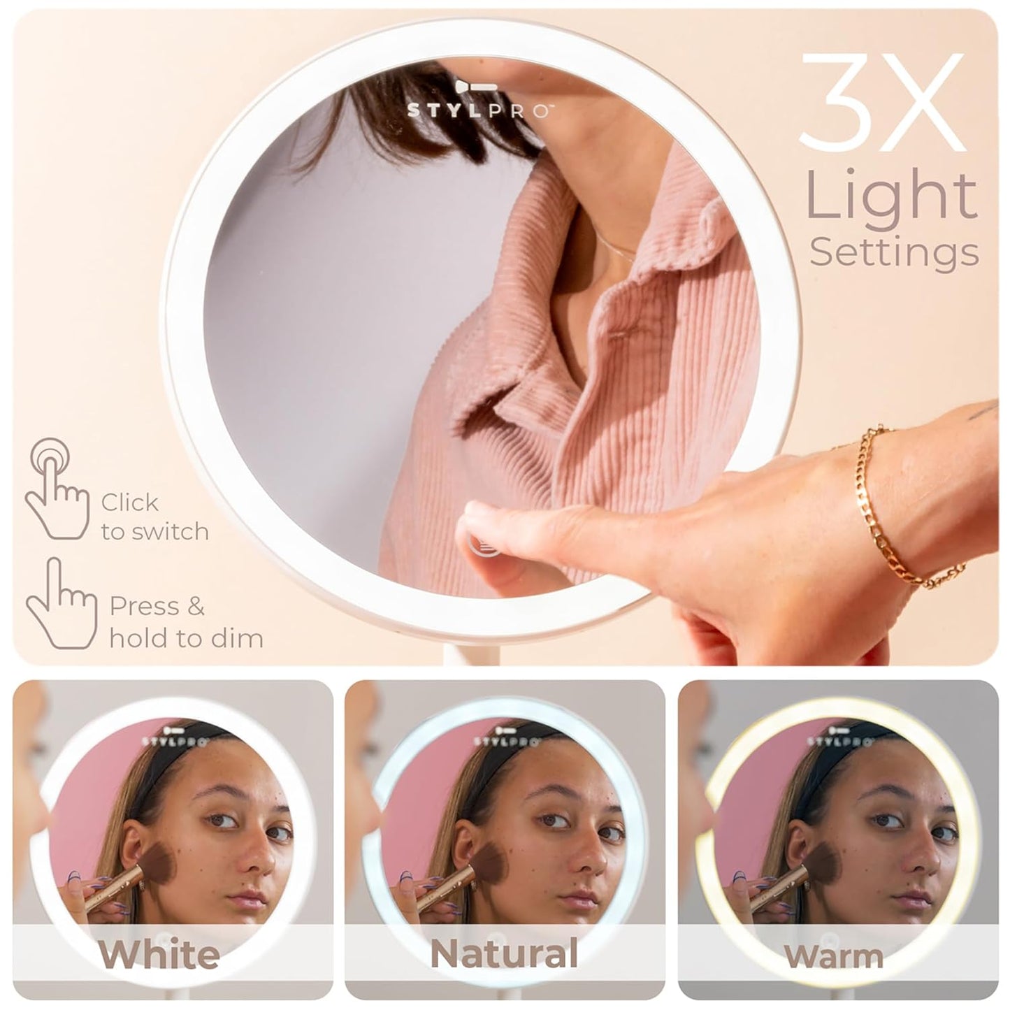 StylPro Melody Portable Bluetooth Makeup Mirror - Dimmable Touch LED Lighting | Travel-Friendly Design