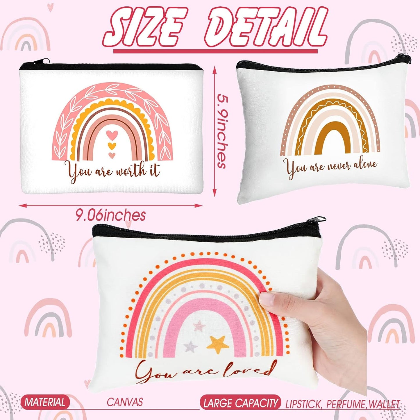 Rainbow Inspirational Makeup Bags - 32 Pcs Canvas Set for Women | Boho Travel Cosmetic Pouches