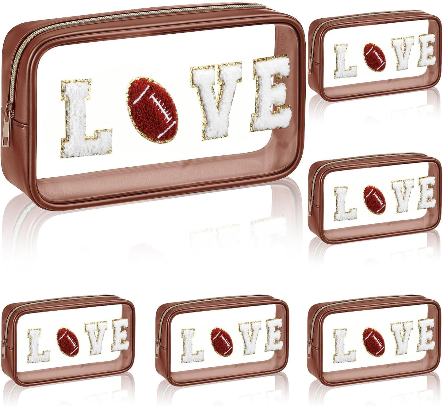 Football Gifts - 6 Pcs Clear Makeup Bag Set with Chenille Letter Patch | Waterproof PVC Organizer for Sports Party Favors
