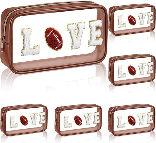 Football Gifts - 6 Pcs Clear Makeup Bag Set with Chenille Letter Patch | Waterproof PVC Organizer for Sports Party Favors