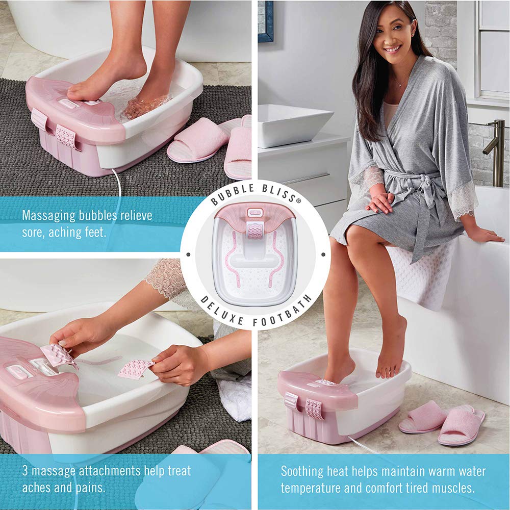 Homedics Bubble Bliss Deluxe-Foot Spa, Heat Maintenance, Raised Nodes, 3 Attachements, Pink