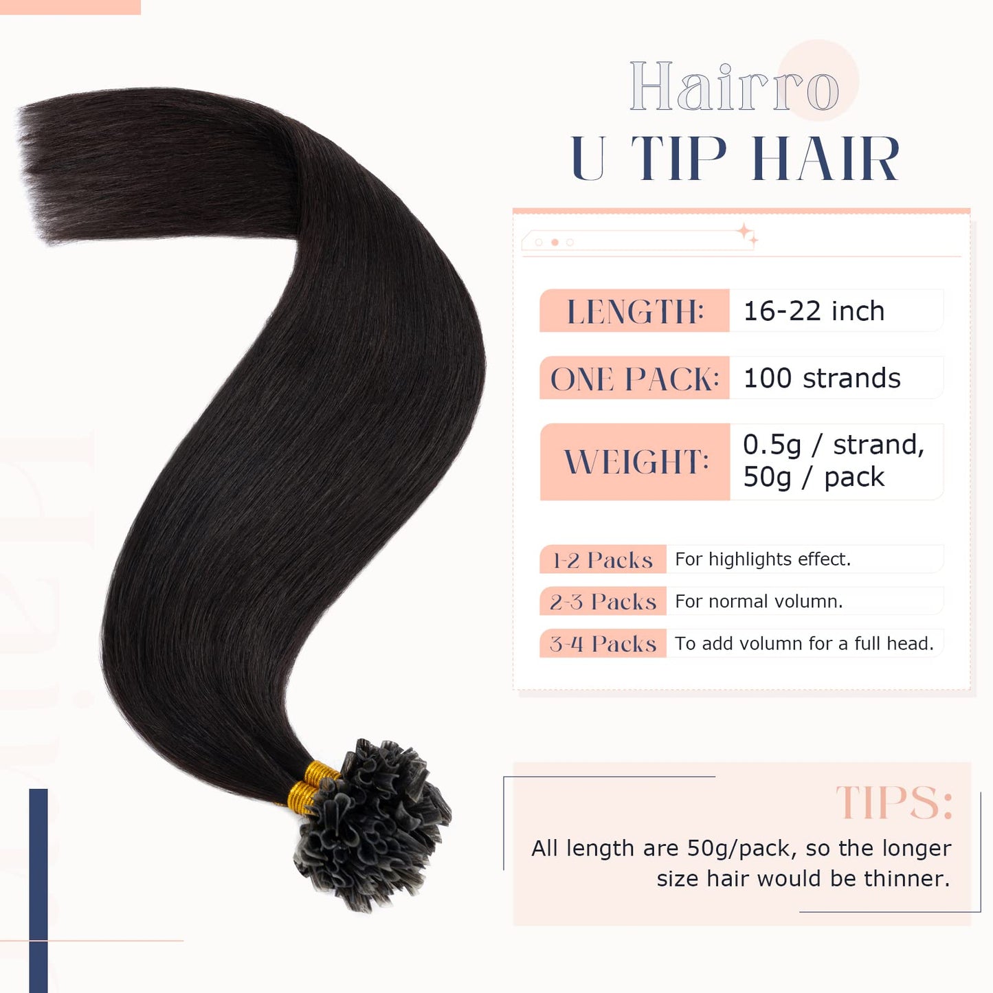 Hairro U Tip Human Hair Extension Pre Bonded Hot Fusion Hairpiece For Women Remy Tipped Hair Pieces Silky Straight Nail Tip Keratin Utips Hairpieces 14" 50g #02 Dark Brown