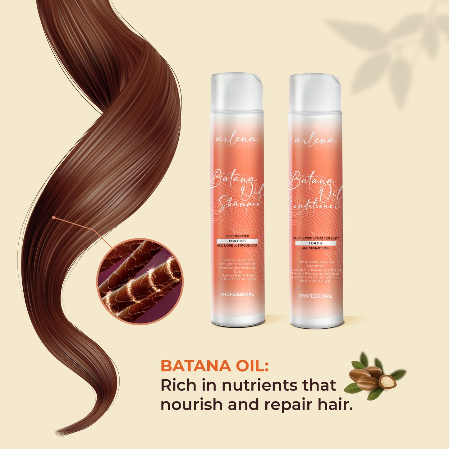 Arlena Batana Oil Shampoo and Conditioner Set - Made in USA - Promotes Hair Growth, Deep Conditioning, Nourishing & Moisturizing for Silky, Healthy, Lustrous Hair - Ideal for All Hair Types, Clear