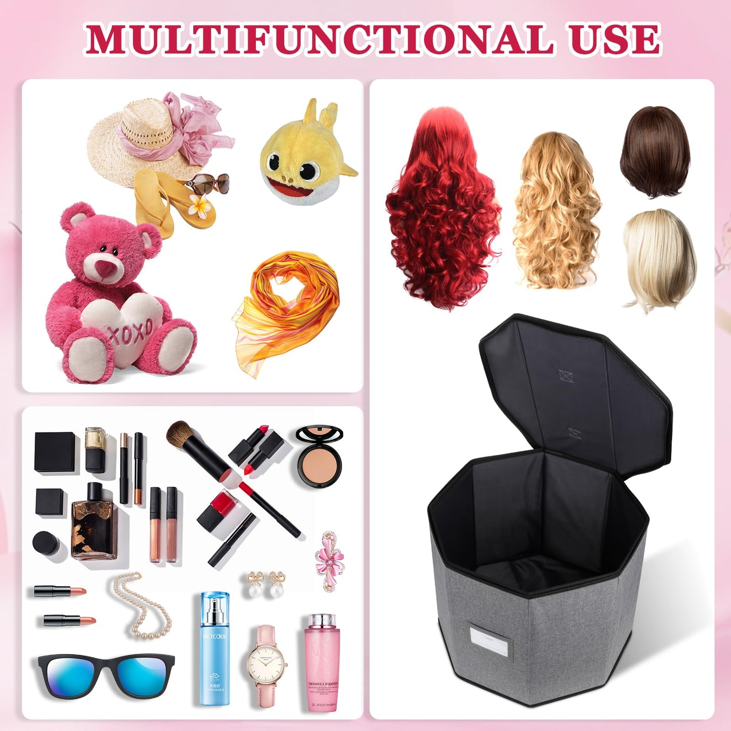 Lukeline Wig Storage Box,Wig Travel Case,Foldable Wig Travel Case for Men and Women,Yarn Organizer, Cosmetic Cabinet Storage Bag