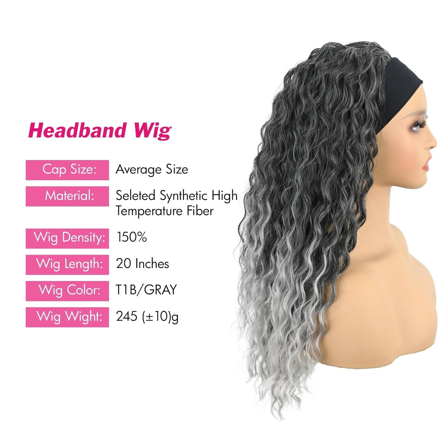 Deep Wave Headband Wig - 20 Inch Gray Synthetic Half Wig for Black Women | Glueless, Machine Made (T1B/Gray)