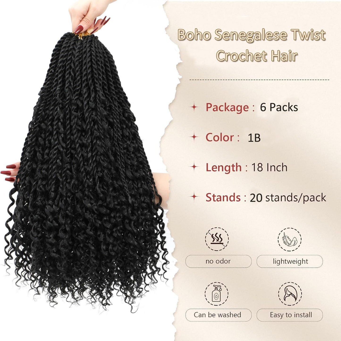 Goddess Twist Braids Crochet Hair With Curly Ends Senegalese Twist Braids Crochet Braids 6 Packs black Crochet Braids Synthetic Braiding Hair Extension for Black Women (18inch, 1B)