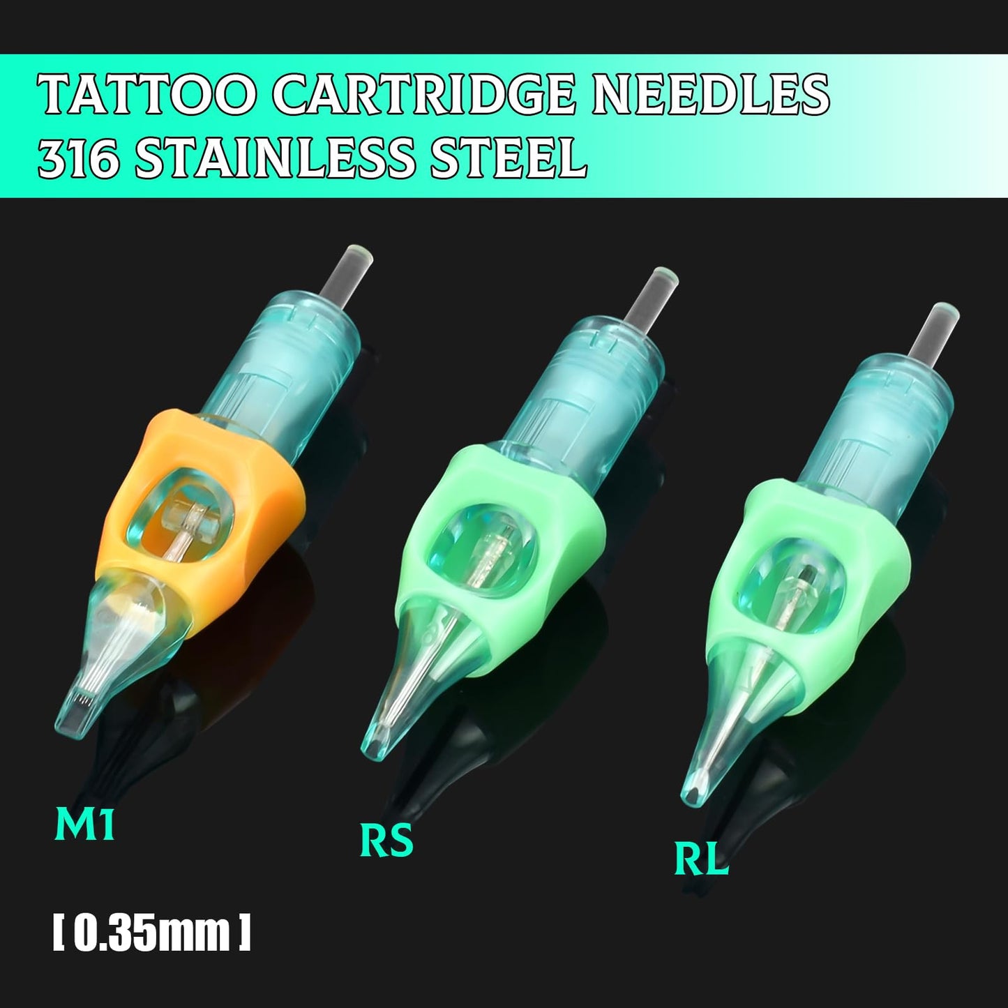 50pcs Mixed Tattoo Cartridge Needles, ATOMUS Assorted Disposable Tattoo Needle 3RL 5RL 7RL 9RL 3RS 5RS 7RS 9RS 5M1 7M1 for Tattoo Machine (Green)