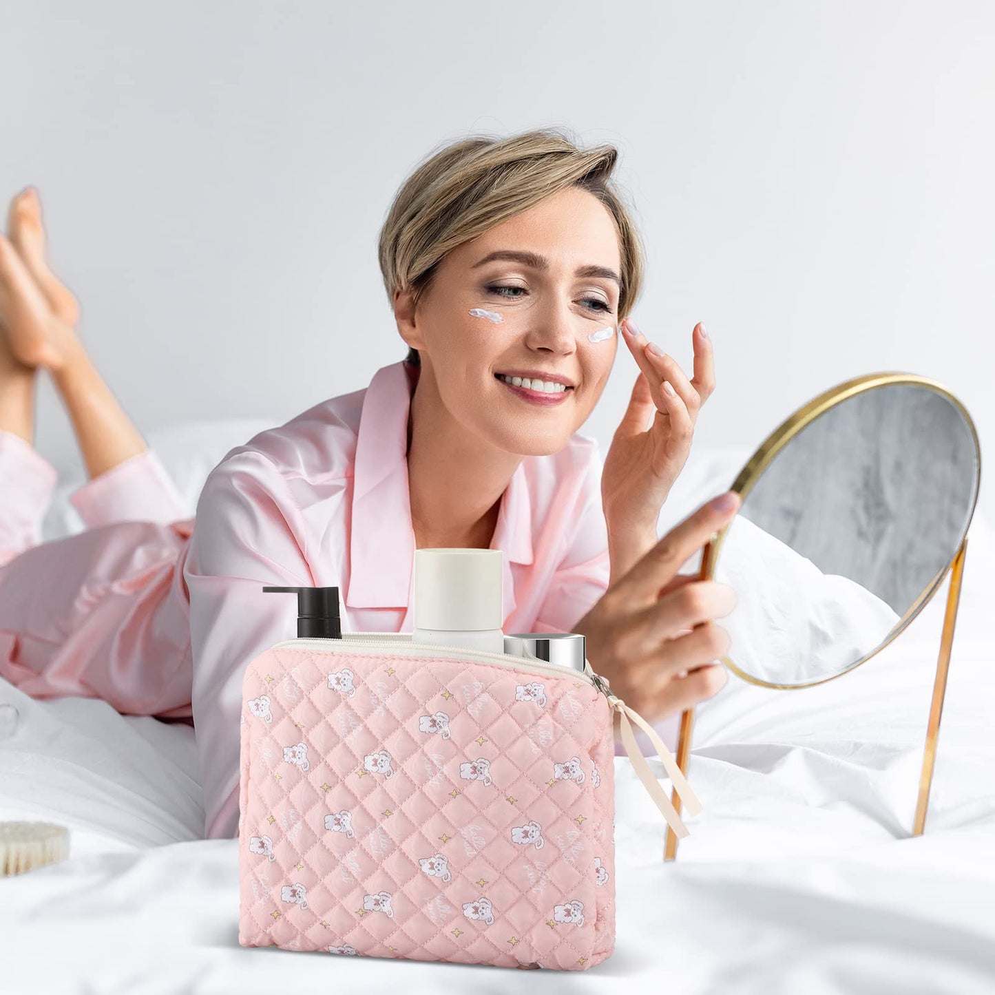 Sweetude 6 Pcs Quilted Makeup Bag Cotton Cosmetic Bag Cute Flower Aesthetic Large Floral Makeup Pouch Coquette Travel Toiletry Kawaii Stuff supplies for Women Girls