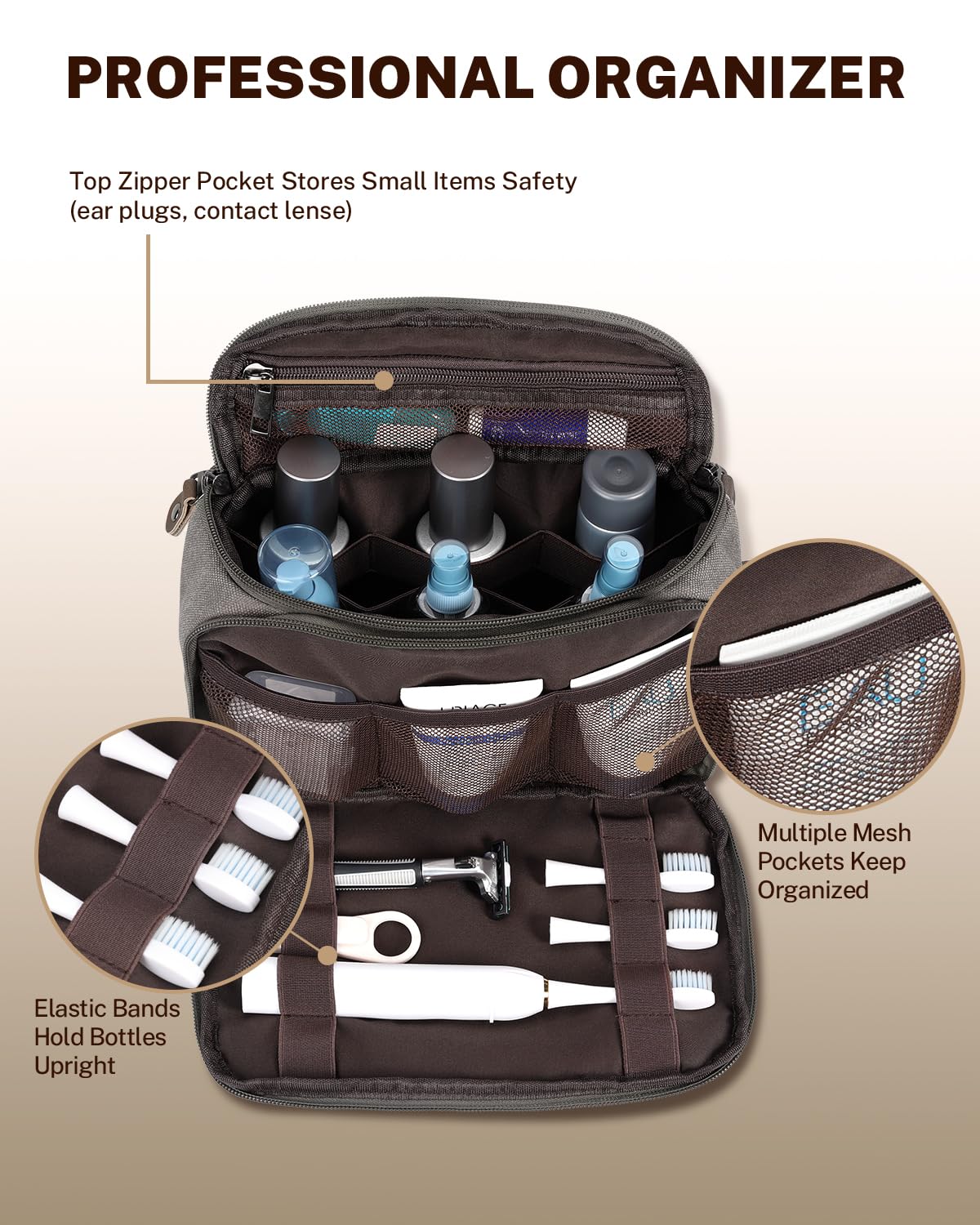 Gonex Travel Toiletry Bag for Men, Water Resistant Canvas Wide Open Shaving Bag with Wet Dry Compartment, Travel Essentials Toiletries Organizer, Grey