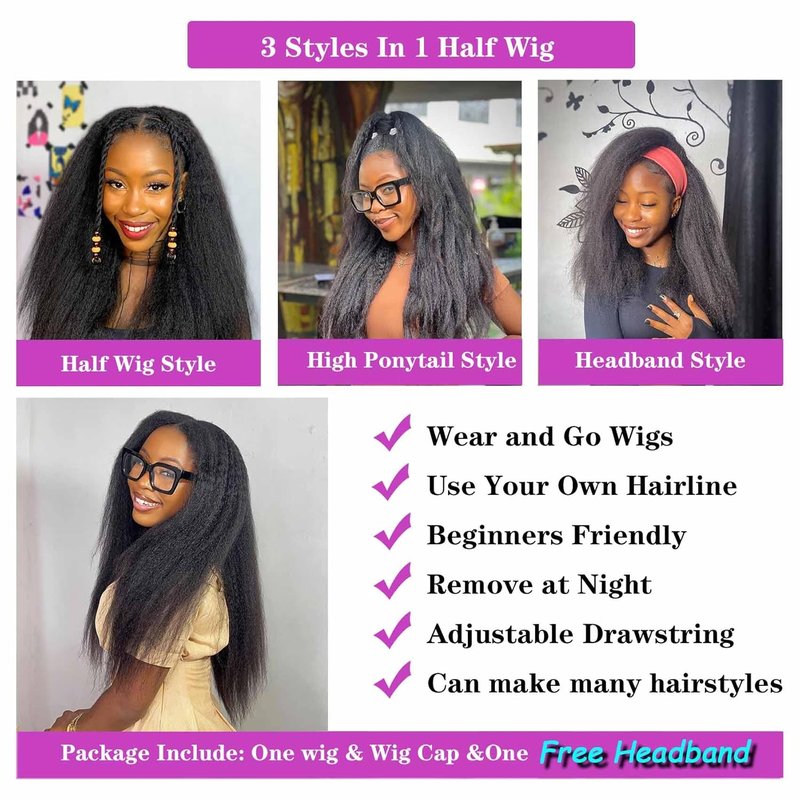 Kinky Straight Half Wig - 3 in 1 Seamless Flip Over Glueless Clip-In Hair | 20 Inch Natural Black for Women