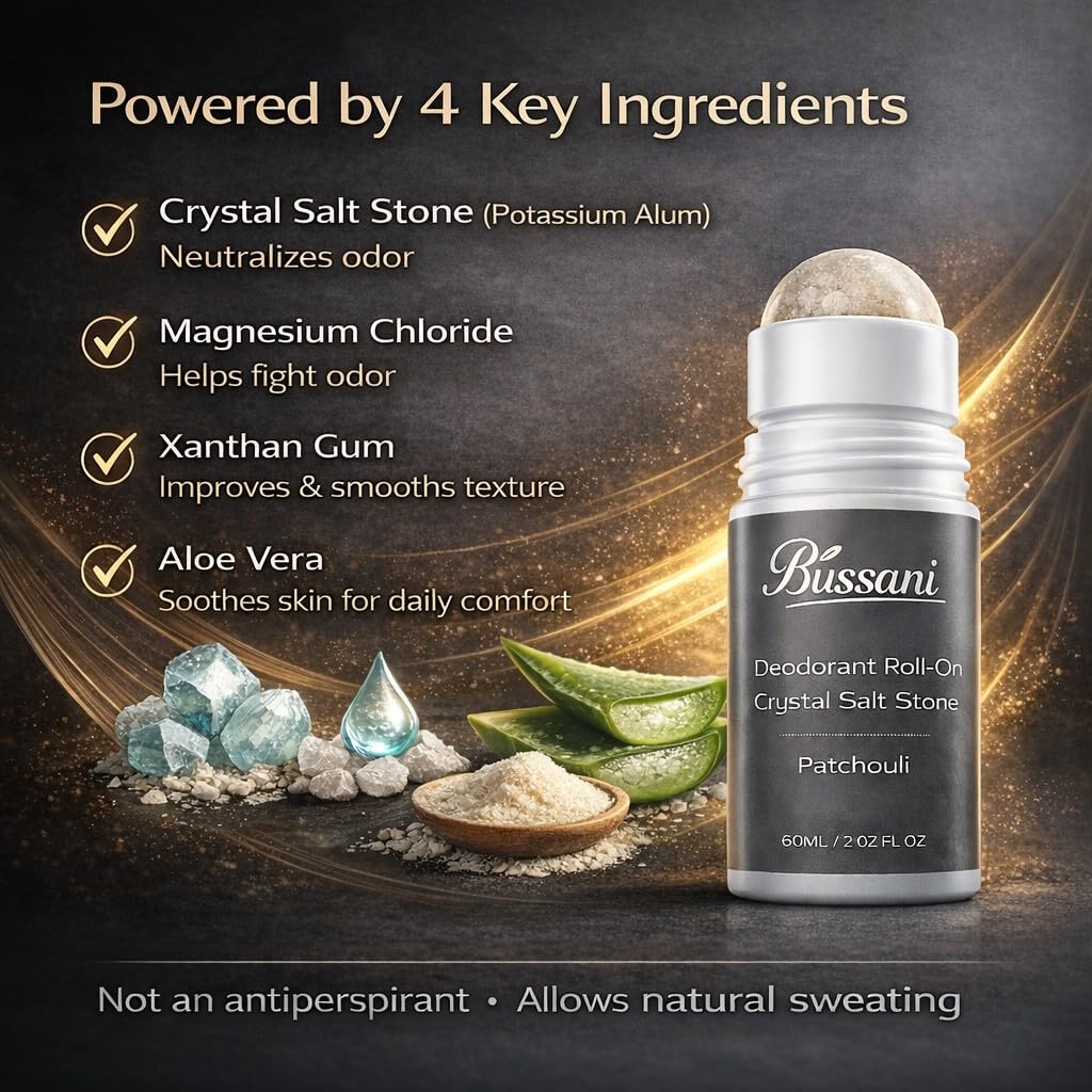 Bussani Crystal Salt Stone Deodorant for Men - Aluminum Free, Non-Irritating | 2.02 Fl Oz | Quick-Dry, No Stains | 3-Pack