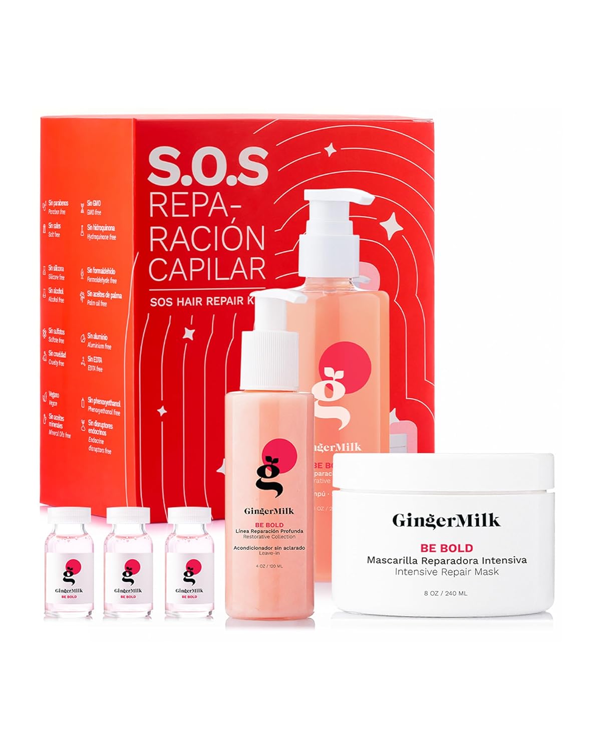 Ginger Milk Natural Care SOS Hair Repair Kit - 4-Step Deep Hydration System for Dry, Damaged Hair | With Hyaluronic Acid & Argan Oil