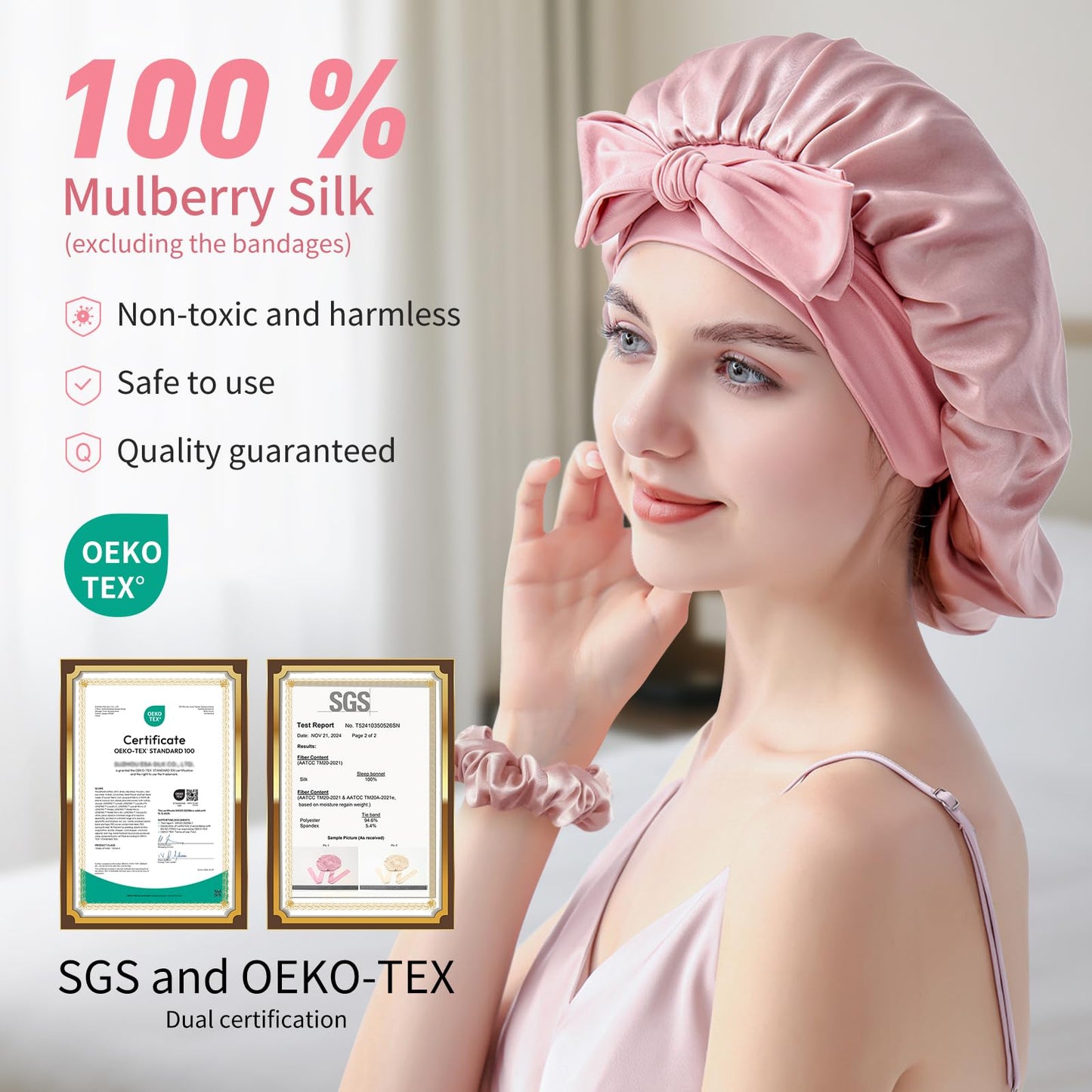 Silk Bonnet for Sleeping Women, 22 Momme 100% Mulberry Silk Sleep Cap with 2 Matching Silk Scrunchies, Double-Sided Wearable Hair Bonnet for Night Hair Care and All Hair Types - Lotus-root Pink