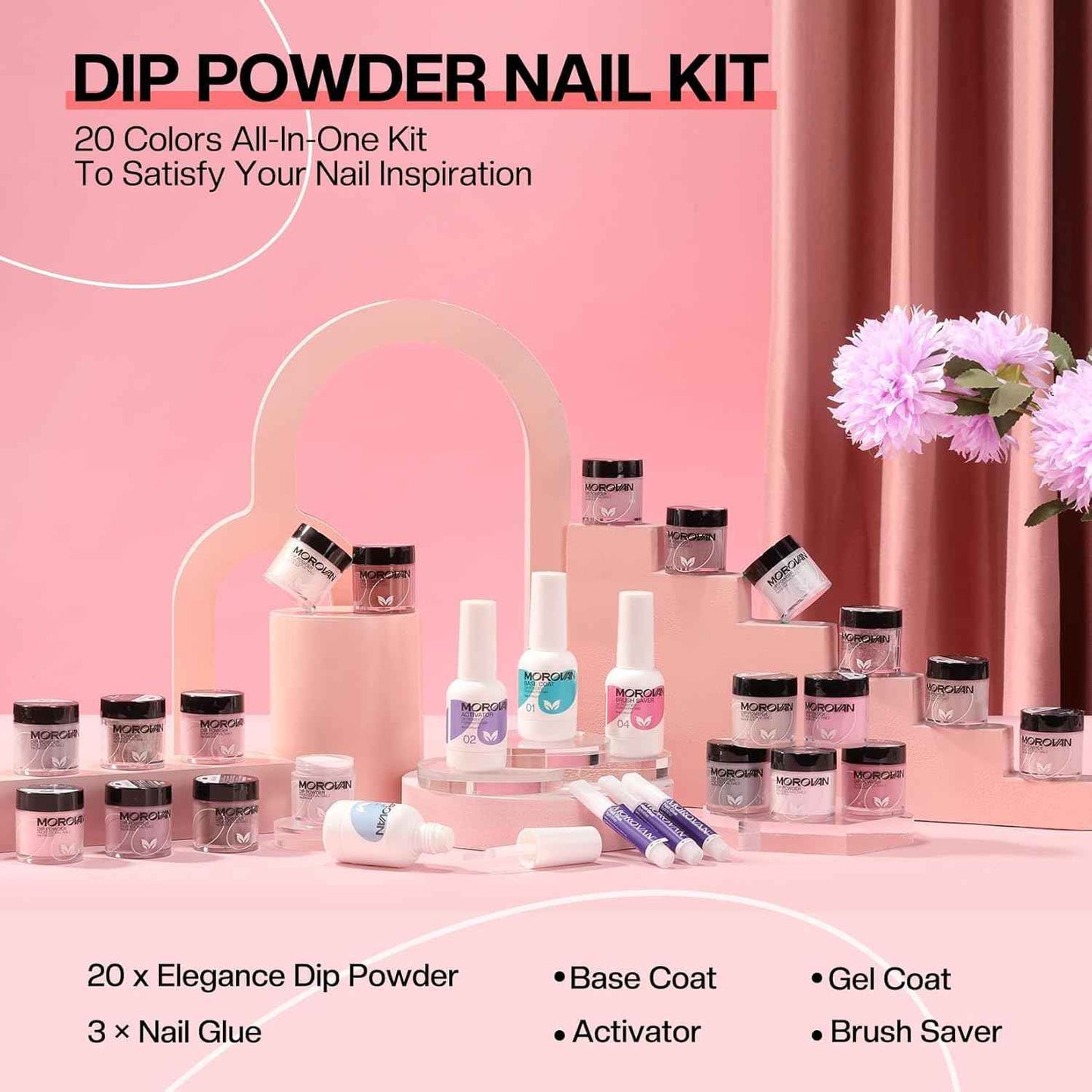 27PCS Morovan Dip Powder Nail Kit - 20 Color Starter Set with Liquid for DIY Nail Art