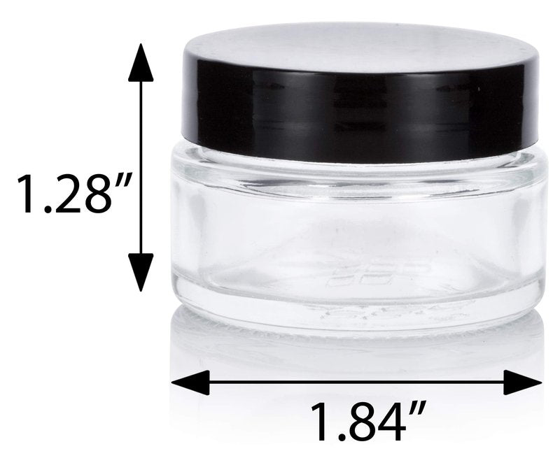 Clear Glass 0.50 oz / 15 ml Low Profile Thick Wall Balm Jars with Black Smooth Foam Lined Lids (12 PACK)