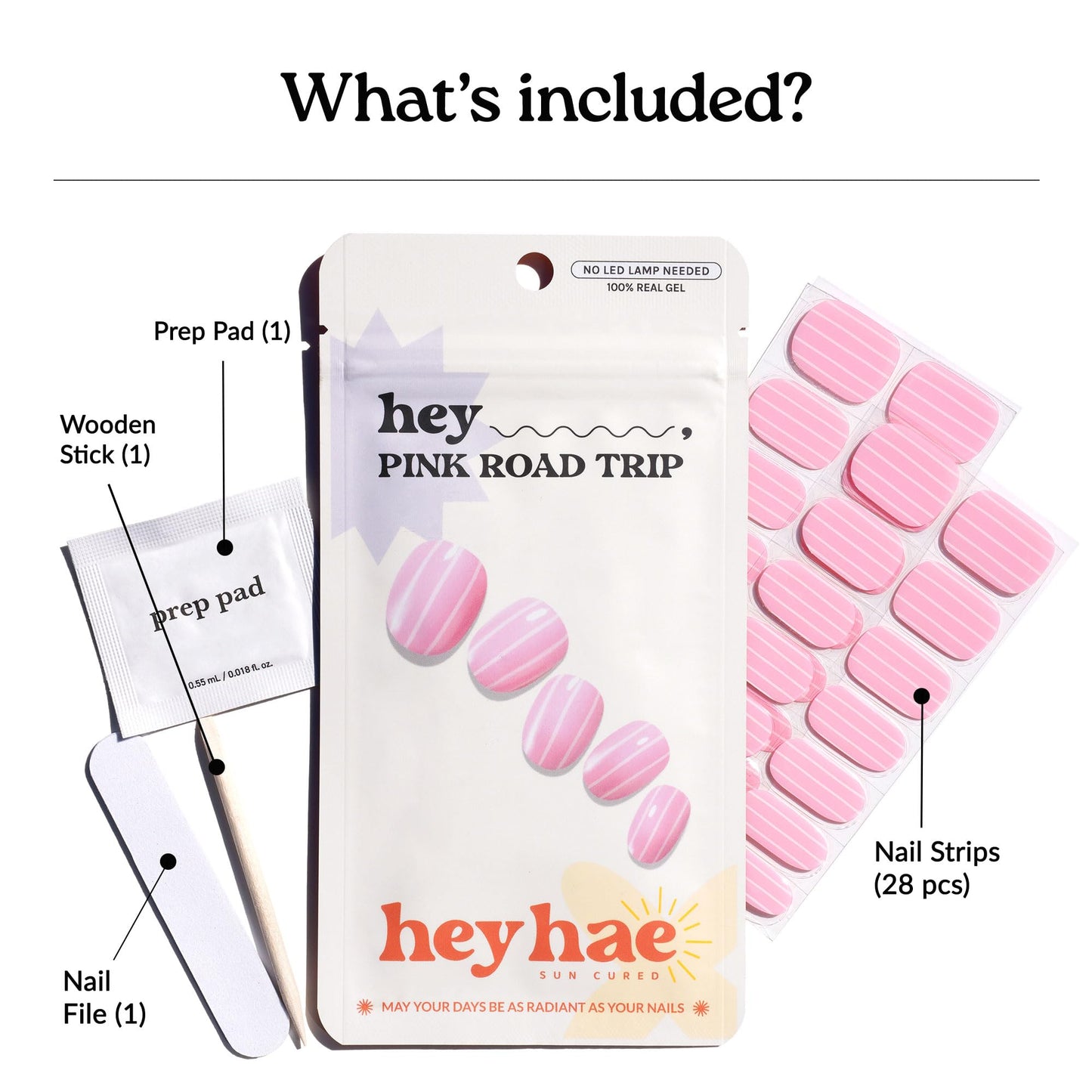 Heyhae Semi Cured Gel Nail Strips | No LED Lamp Needed |Pink, Valentines | Easy Apply & Remove, Salon Quality | Includes 28 Strips, 1 Prep Pads, Nail File & Wooden stick - Hey, Pink Road Trip
