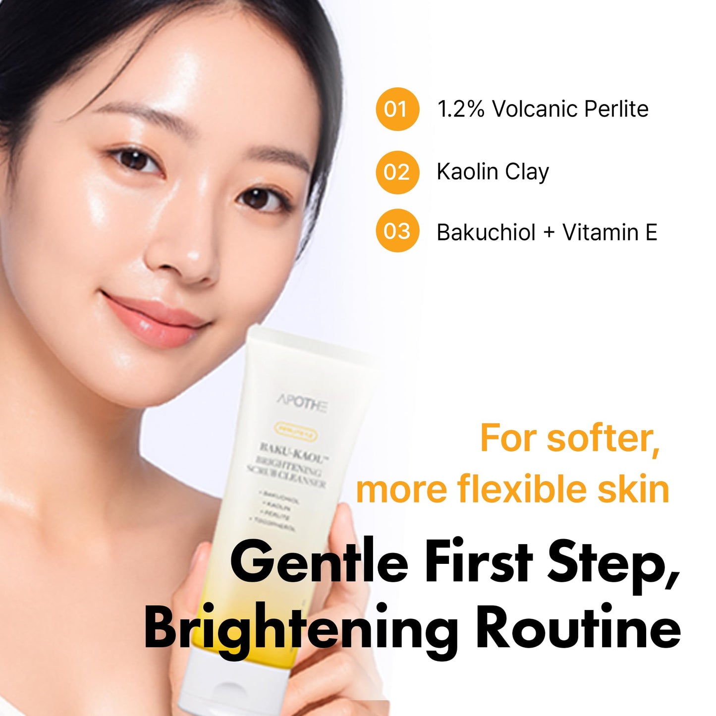 APOTHE Baku-Kaol Brightening Scrub Cleanser with Perlite, Kaolin & Bakuchiol – Gentle Exfoliating Face Wash for Radiant Skin, 3.38 fl oz (100 mL)