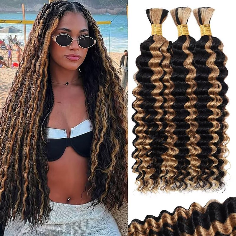 100g 3 Bundles/Pack Human Braiding Hair for Boho Braids 14 Inch Curly Boho Hair for Braiding Knotless 12A Deep Wave Bulk Bohemian Natural Black