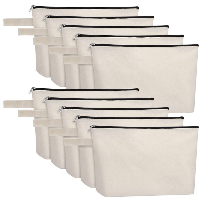Sinzip 10 Pieces Cotton Canvas Makeup Bag with Bottom, Multi-Purpose Cosmetic Bag with Zipper Travel Toiletry Pouch, Blank DIY Craft Bag Pencil Bag (L, White) (MN-WB07)