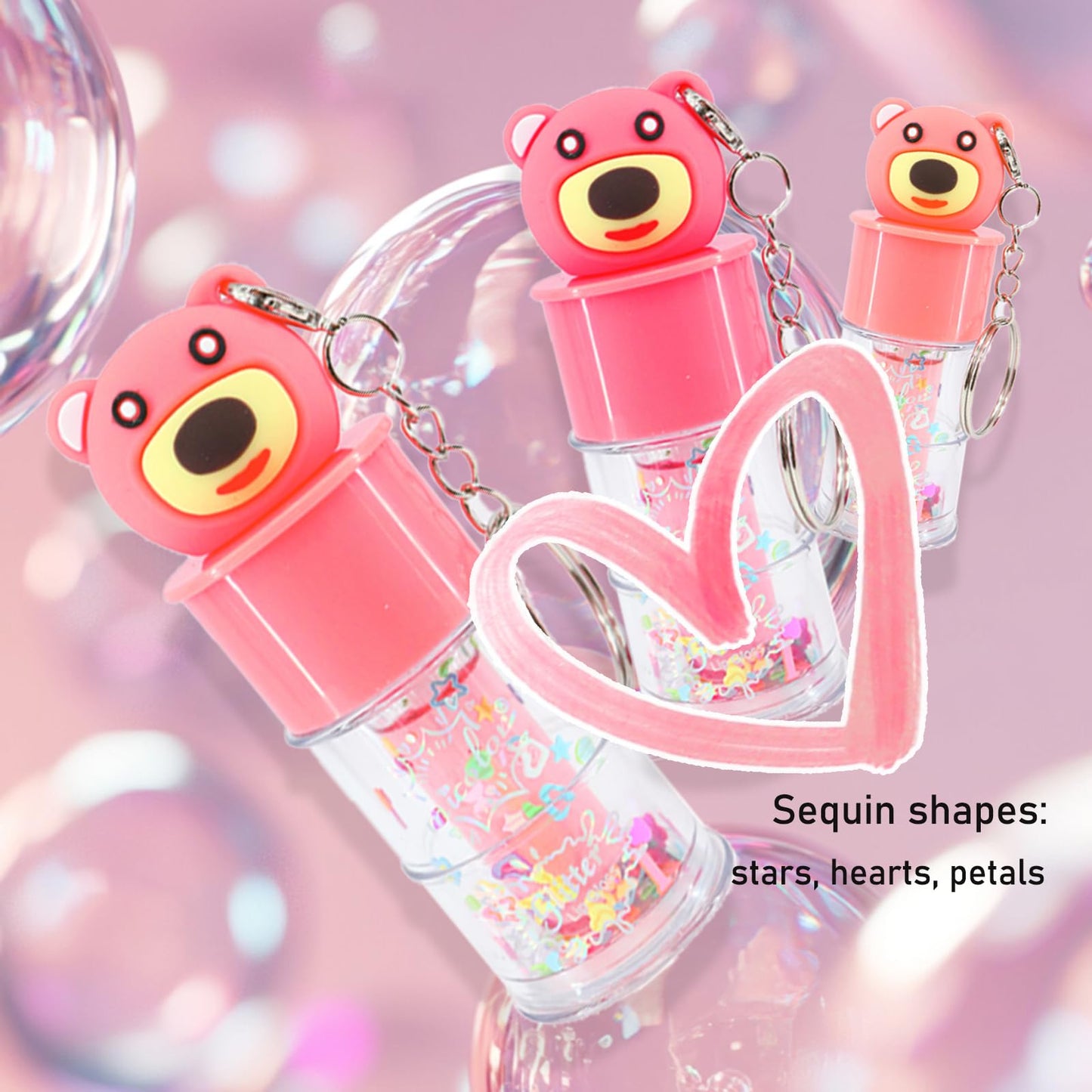 DENESTUP 6 Pcs Hydrating Lip Gloss Set, Shimmer Glossy Moisturizing Lip Jelly Sequins and Sparkles Lip Make-Up for Women Party Gift Cute Bear Keychain Design