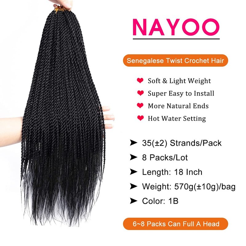 NAYOO Senegalese Twist Crochet Hair For Black Women - 8 Packs 35 Strands/Pack Small Twist Crochet Braids Hair Hot Water Setting, Crochet Braiding Hair Straight Ends(18 Inch, 1B)