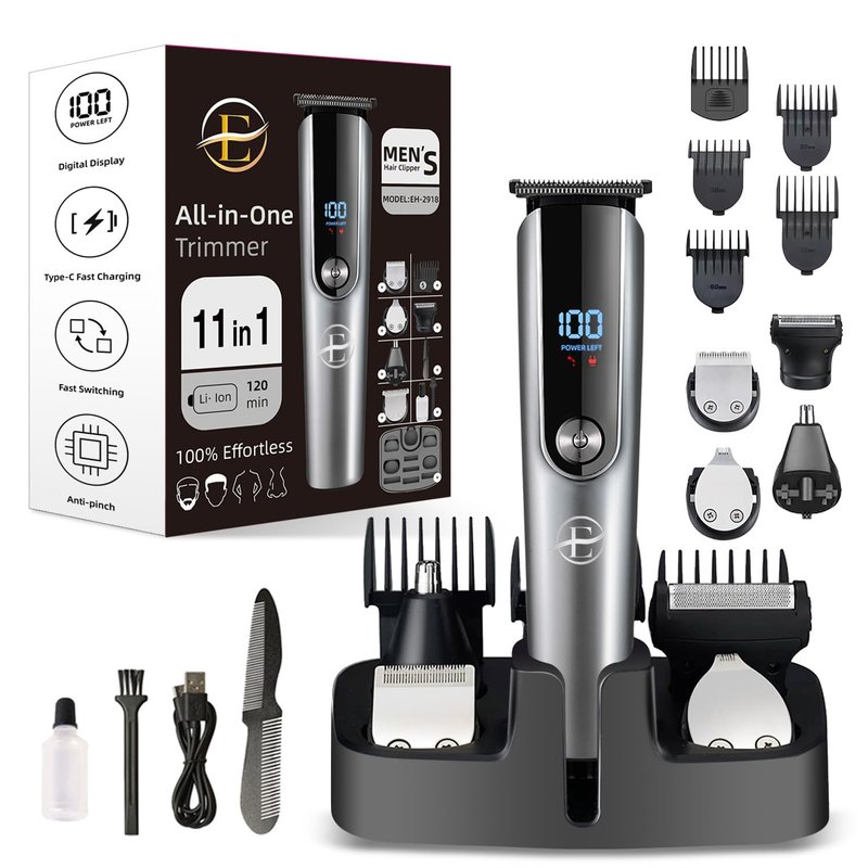 E-Hunter Beard Trimmer for Men - 5 in 1 Kit Electric Razor, Nose Hair Trimmer with LED Display, Cordless Mustache Body Face Grooming Kit, Rechargeable Beard Shaver (Aluminum)