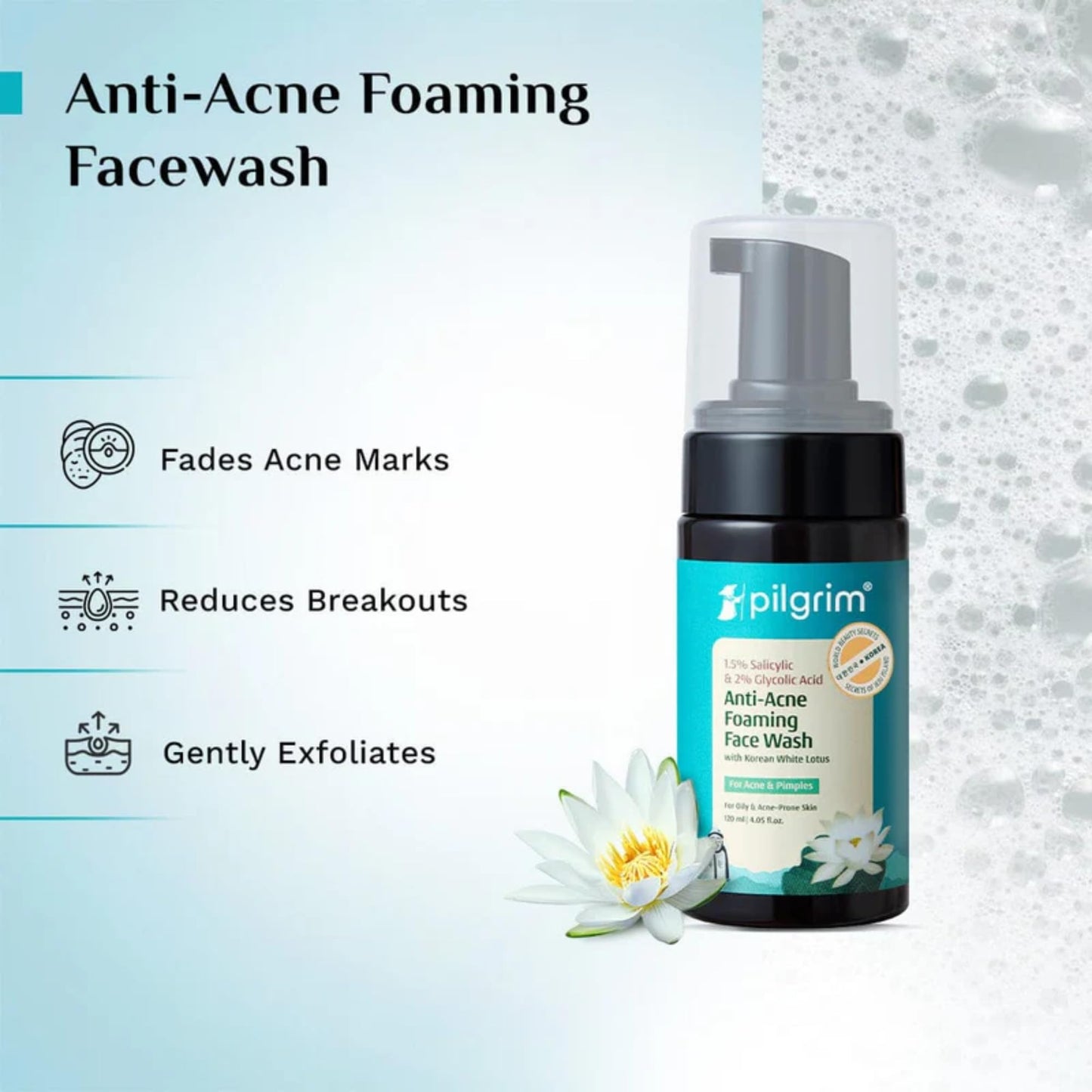 Pilgrim Anti-Acne Foaming Face Wash with 1.5% Salicylic Acid & 2% Glycolic Acid | Deep Cleansing Foam for Oily & Acne-Prone Skin | Helps Clear Pores & Control Oil | 4.05 Fl Oz (120 ml)