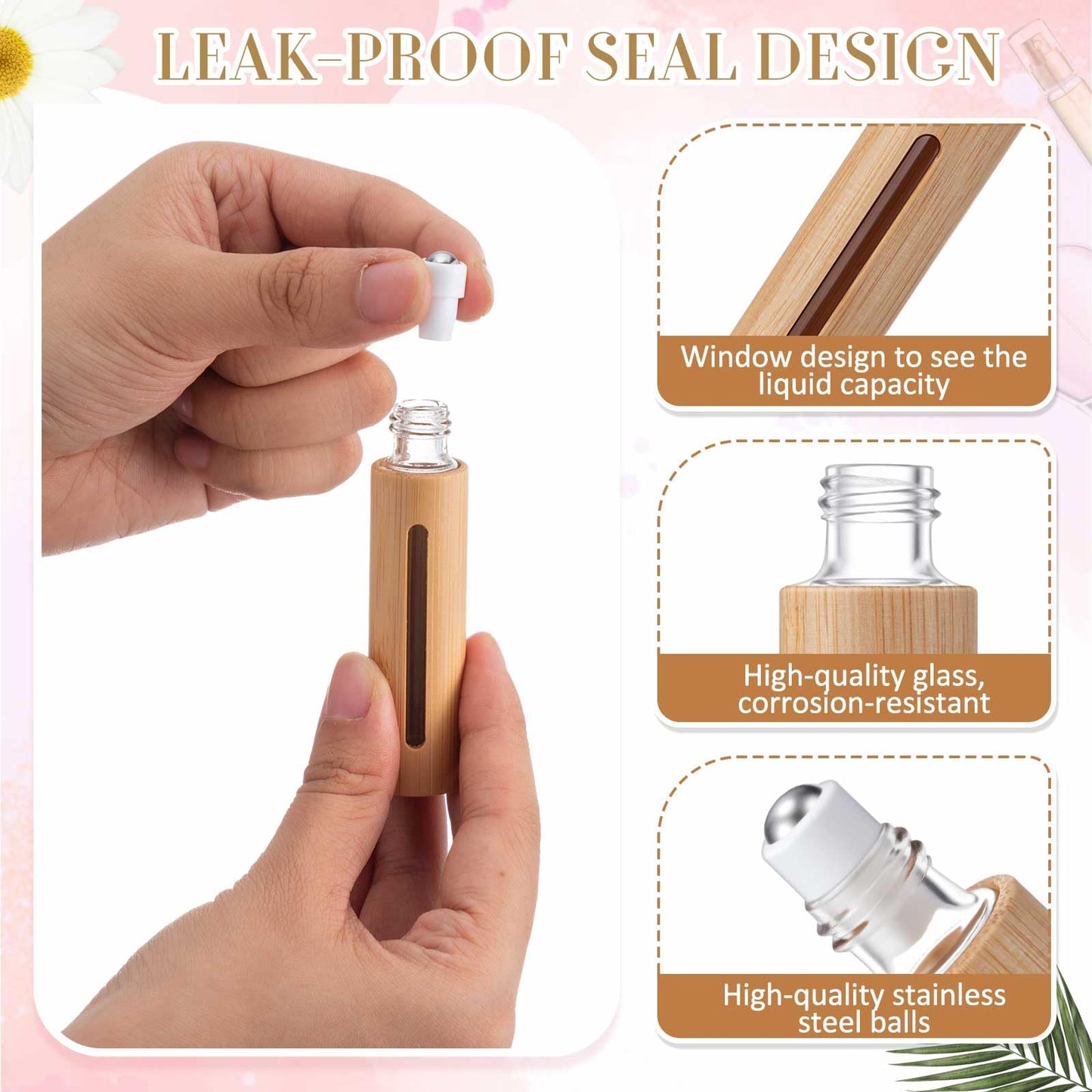 BrightRow 18 Pcs 10ml Bamboo Roll on Bottles for Essential Oils, Empty Bottles with Stainless Steel Roller Balls with Funnels, 3ml Droppers and Stickers
