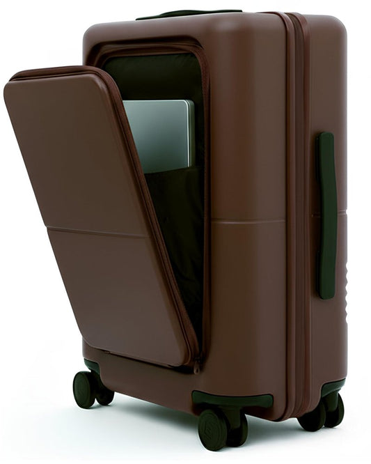 July Carry On Pro - 20" Hardshell with Front Pocket, Airline Approved Carry On Luggage with Wheels, TSA Lock Rolling Suitcase, Silent Spinner Wheels, USB Ports & Ejectable Battery - Dark Brown