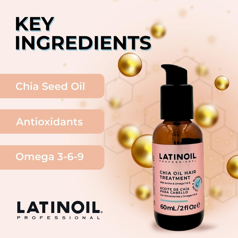 LATINOIL Chia Oil Treatment 2 oz / 60 ml - Instant Repair For Damaged Hair - Eliminates Frizz, Dryness - Adds Silkiness - Absorbs Fully & Quickly - Color Safe - Read our REAL Reviews