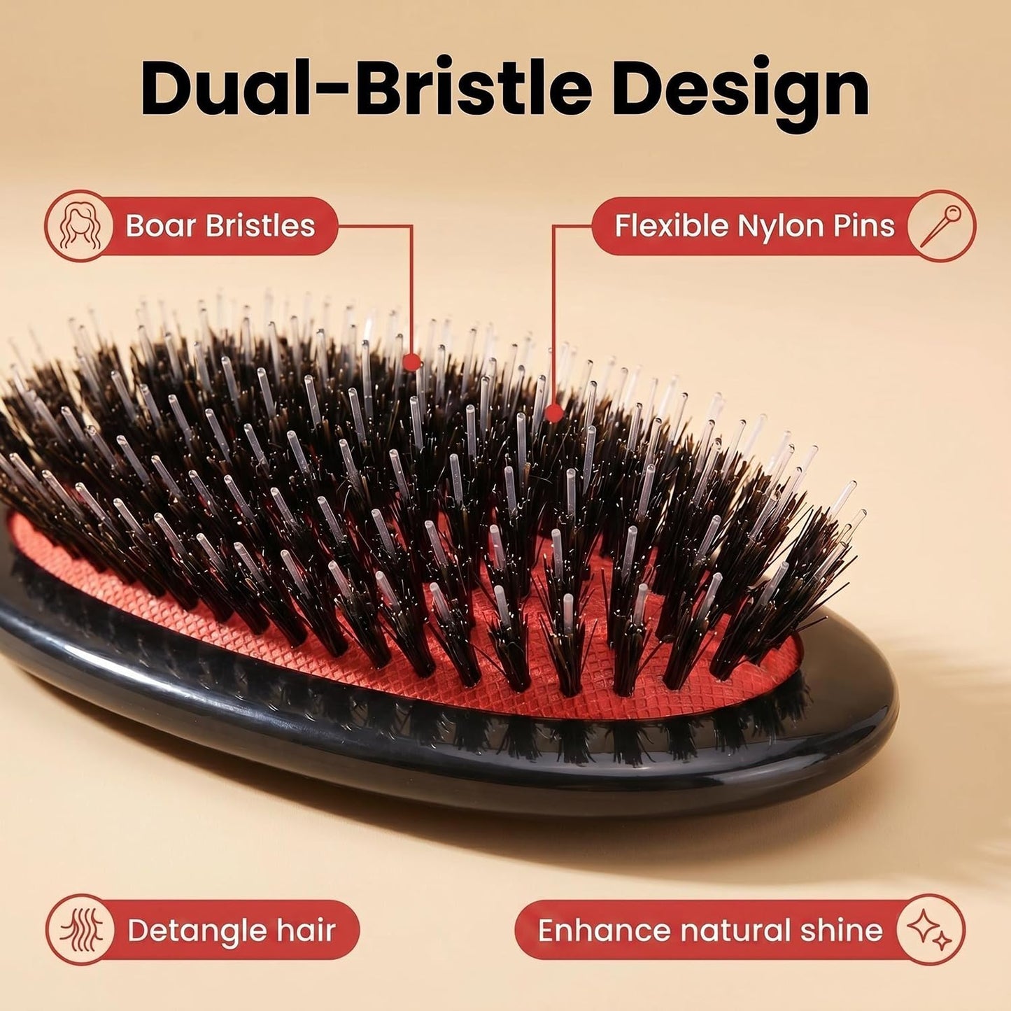 Boar Bristle Hair Brush Paddle Detangling Brush for Women and Men, Anti-frizz Styling Hairbrush Comb for Fine Curly Natural Tangled Hair, Cushioned Boar Nylon Bristle Brush