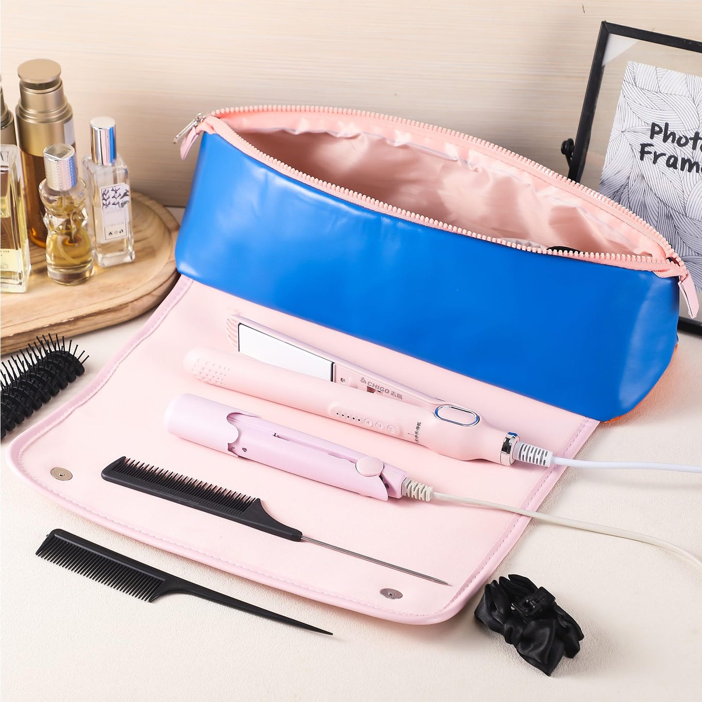 Sadnyy Hair Tools Travel Bag and Heat Resistant Mat 2-in-1 Hot Hair Tools Organizer for Curling Flat Irons Straighteners Portable Hairstylist Travel Bag Women Haircare Accessories, 16.1''x5.1''x4.3''