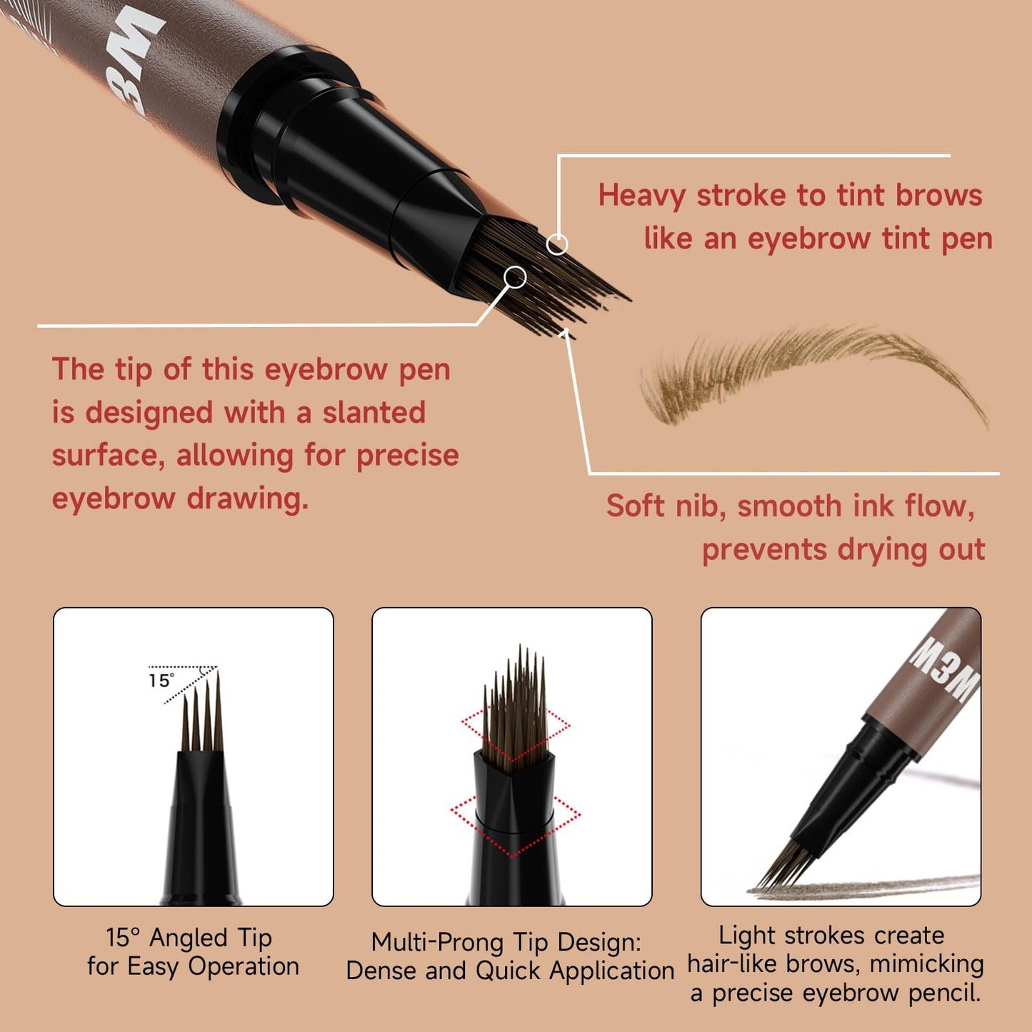 DUDUDU Eyebrow Pen for Women - Dual-Ended Microblading Pen with Multi-Prong Tip & Brow Brush, Waterproof, Creates Realistic 4D Hair-Like Strokes, Long-Lasting Dark Brown