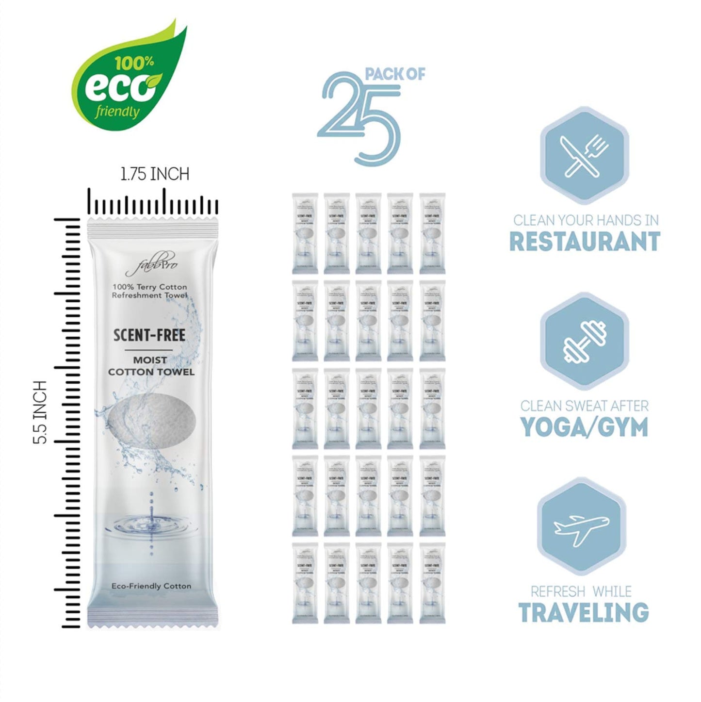 FabbPro Oshibori Moist Terry Cotton Refreshment Towels (25 Pack, 8 x 8 Inches) - White Pre-moistened Towels to Use Hot or Cold (Unscented)