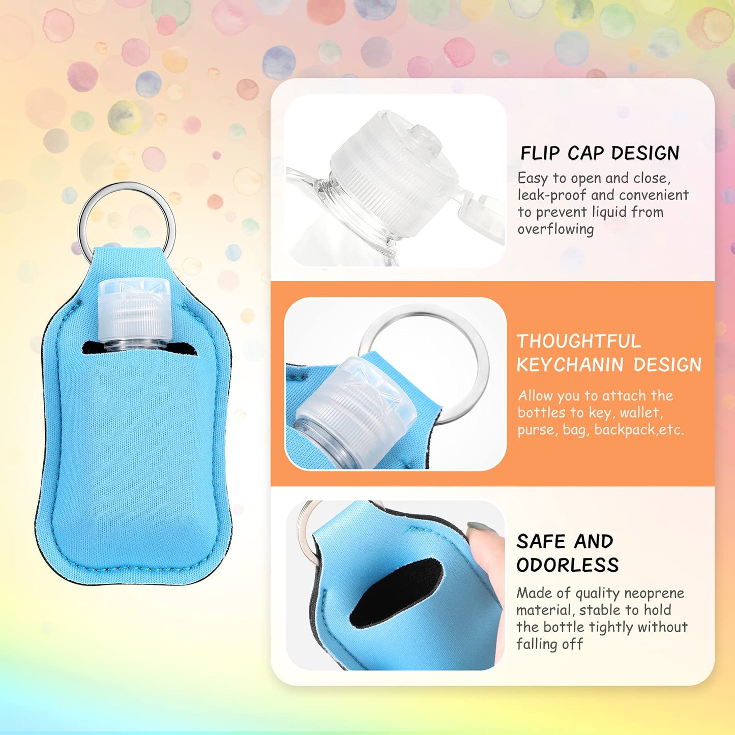 Patelai 54 Pcs Hand Sanitizer Holder Keychain Wristlet Set 1oz Empty Travel Bottle Portable Keychain Holder(Colorful Style)