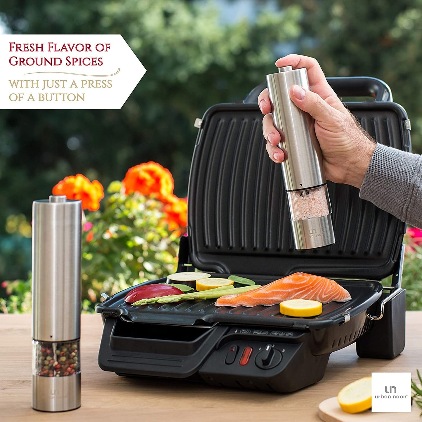 Urban Noon Electric Salt and Pepper Grinder Set (2 Mills, 8.1" Tall) - One-Handed Push-Button Mills with LED Light, Adjustable Ceramic Coarseness, Gift-Ready Box, 1-Year Warranty - Stainless Steel